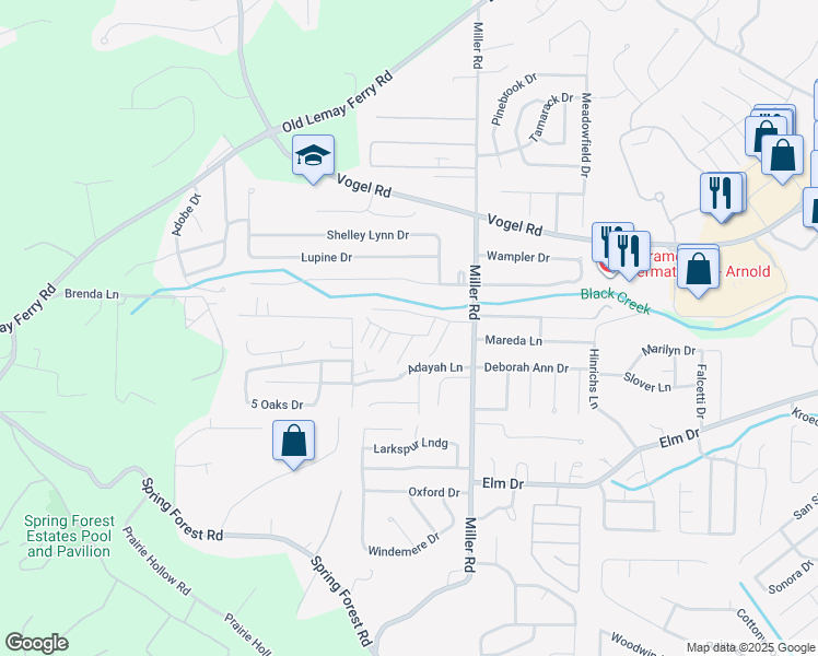map of restaurants, bars, coffee shops, grocery stores, and more near 73 Rex Aire Court in Arnold