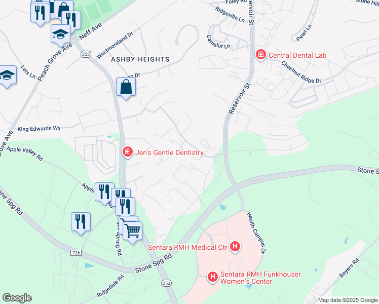 map of restaurants, bars, coffee shops, grocery stores, and more near 2100 Secrist Lane in Harrisonburg