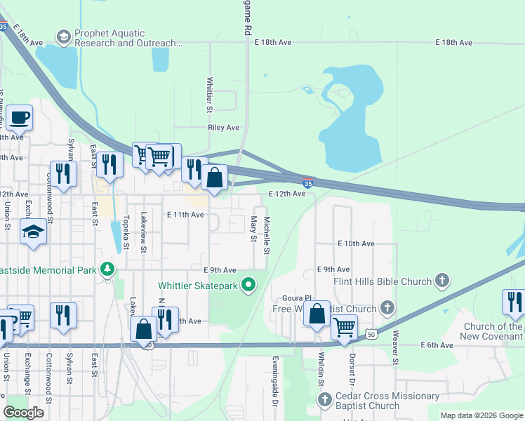 map of restaurants, bars, coffee shops, grocery stores, and more near 1309 East 11th Avenue in Emporia