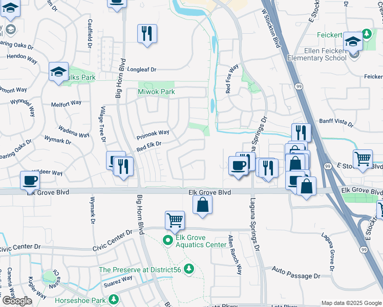 map of restaurants, bars, coffee shops, grocery stores, and more near 8271 Caribou Peak Way in Elk Grove