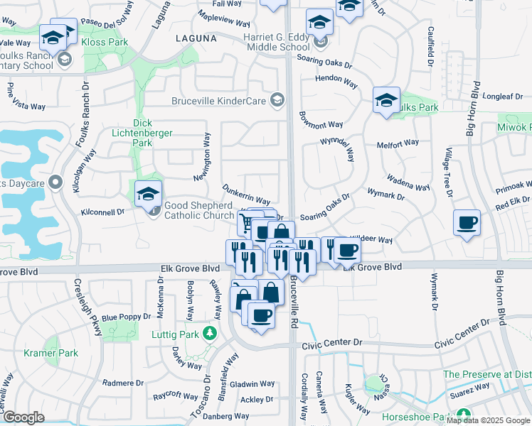 map of restaurants, bars, coffee shops, grocery stores, and more near 9529 Dunkerrin Way in Elk Grove