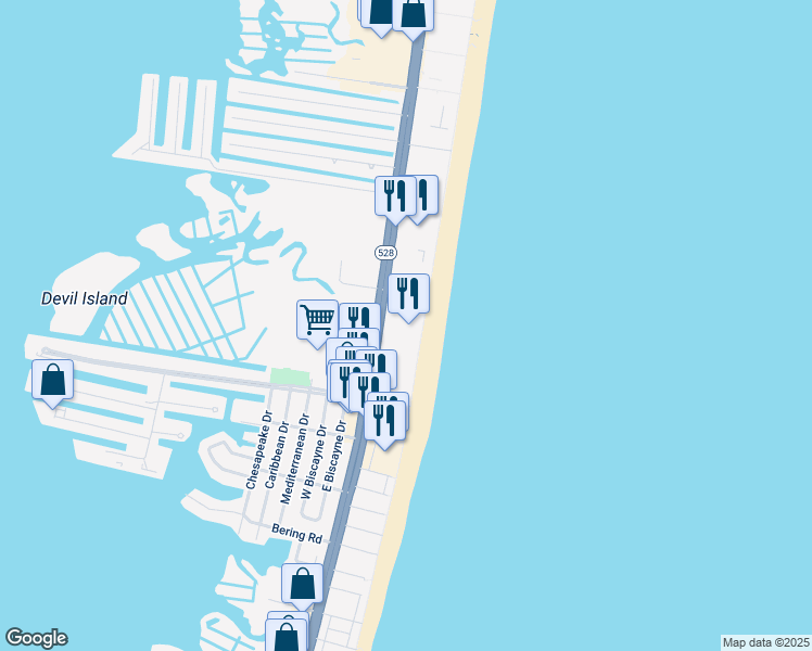 map of restaurants, bars, coffee shops, grocery stores, and more near 9900 Coastal Highway in Ocean City
