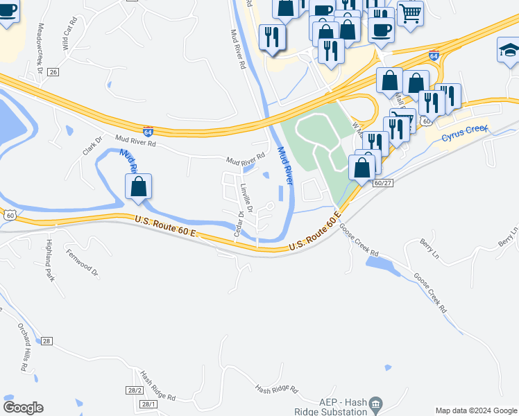 map of restaurants, bars, coffee shops, grocery stores, and more near 6814 Linville Drive in Barboursville