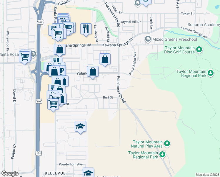 map of restaurants, bars, coffee shops, grocery stores, and more near 2431 Summercreek Drive in Santa Rosa