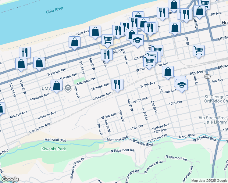 map of restaurants, bars, coffee shops, grocery stores, and more near 799 5th St W in Huntington