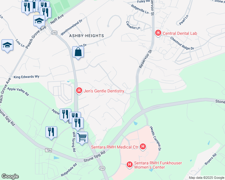 map of restaurants, bars, coffee shops, grocery stores, and more near 1082 Oakdale Court in Harrisonburg