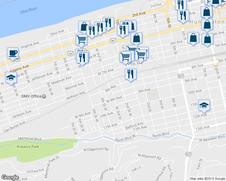 map of restaurants, bars, coffee shops, grocery stores, and more near 247 8th Avenue in Huntington