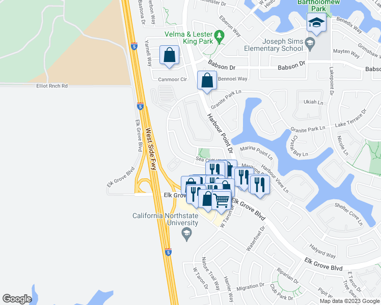 map of restaurants, bars, coffee shops, grocery stores, and more near 9466 Sea Cliff Way in Elk Grove