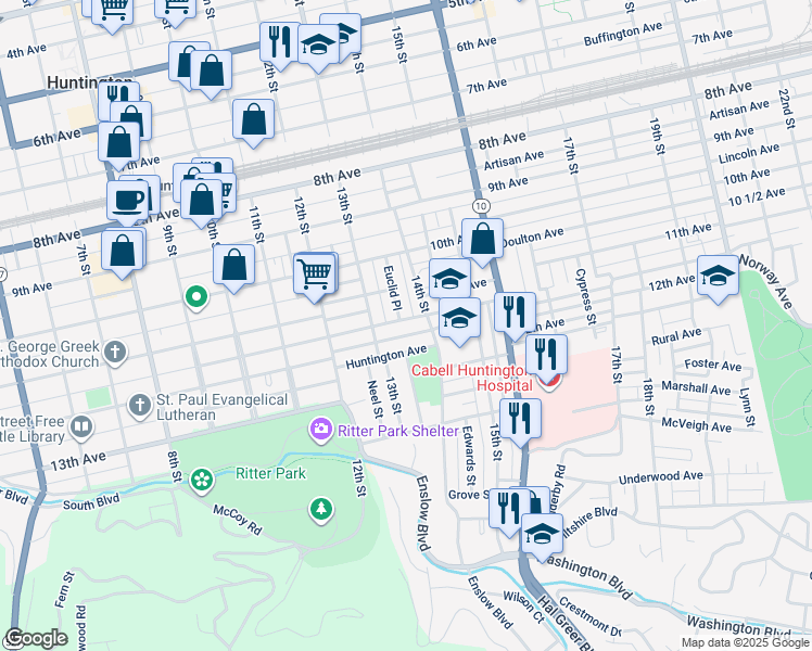 map of restaurants, bars, coffee shops, grocery stores, and more near 1350 Charleston Avenue in Huntington