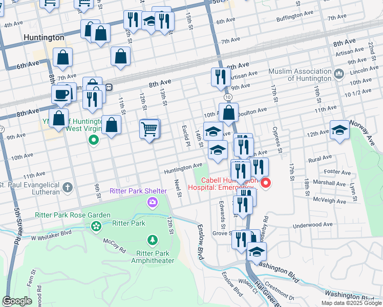 map of restaurants, bars, coffee shops, grocery stores, and more near 1350 Charleston Avenue in Huntington