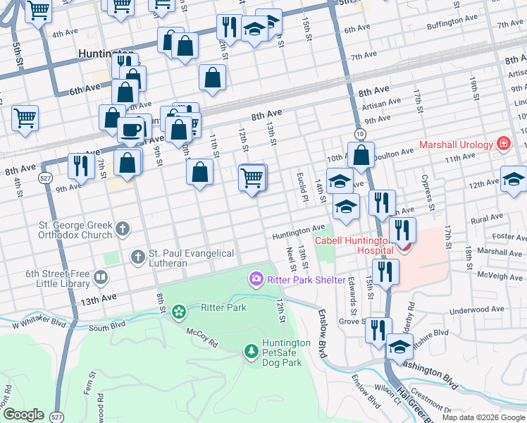 map of restaurants, bars, coffee shops, grocery stores, and more near 1207 Kanawha Terrace in Huntington