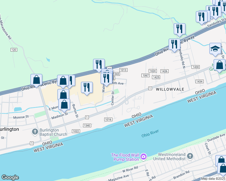 map of restaurants, bars, coffee shops, grocery stores, and more near Center Street in Burlington