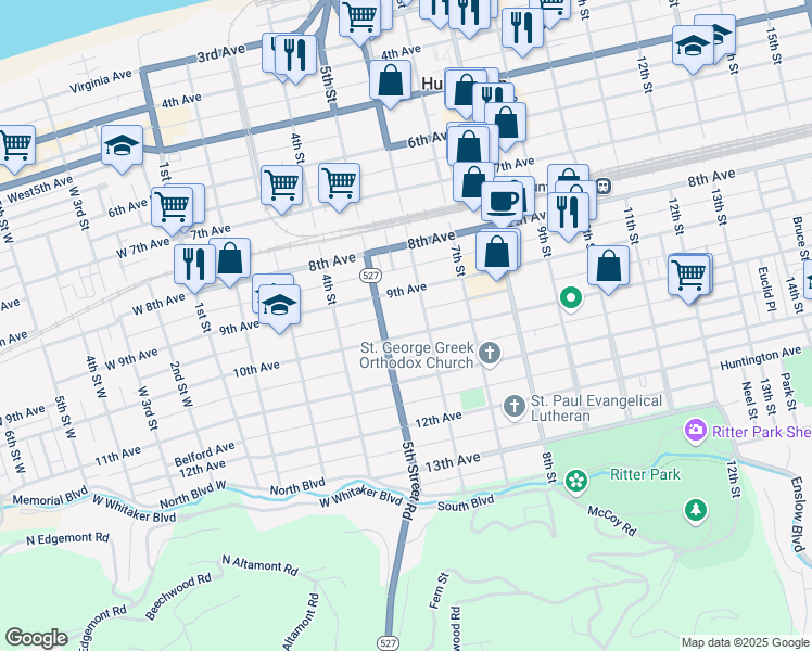 map of restaurants, bars, coffee shops, grocery stores, and more near 518 10th Avenue in Huntington
