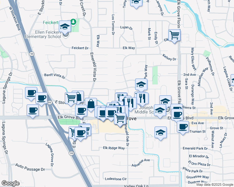 map of restaurants, bars, coffee shops, grocery stores, and more near 8701 Superb Circle in Elk Grove