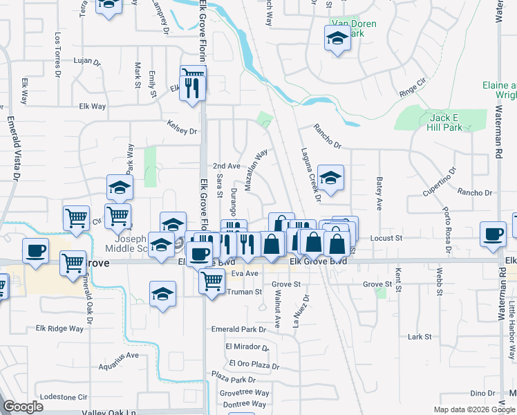 map of restaurants, bars, coffee shops, grocery stores, and more near 9454 Mazatlan Way in Elk Grove