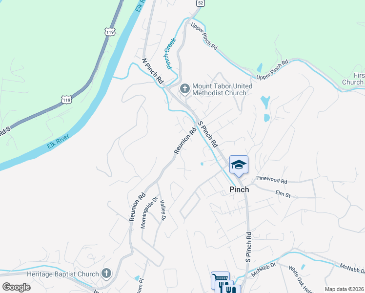 map of restaurants, bars, coffee shops, grocery stores, and more near 1389 Valley Drive in Elkview