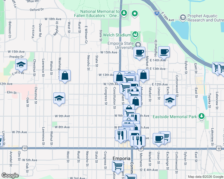 map of restaurants, bars, coffee shops, grocery stores, and more near 1121 Constitution Street in Emporia