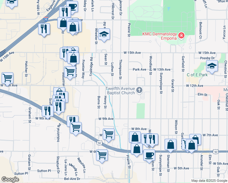 map of restaurants, bars, coffee shops, grocery stores, and more near 1118 Luther Street in Emporia