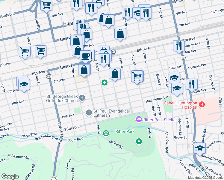 map of restaurants, bars, coffee shops, grocery stores, and more near 1023 10th Street in Huntington