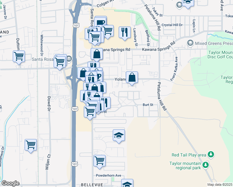 map of restaurants, bars, coffee shops, grocery stores, and more near 2343 Summercreek Drive in Santa Rosa