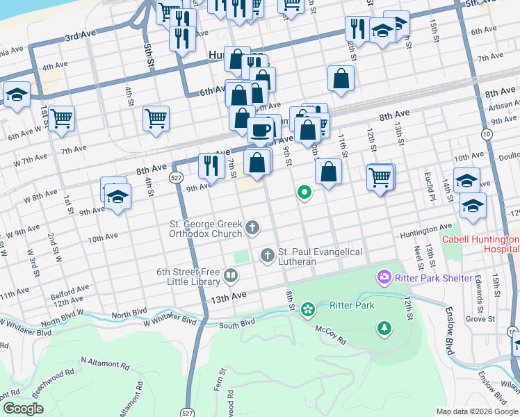 map of restaurants, bars, coffee shops, grocery stores, and more near 737 10th Avenue in Huntington