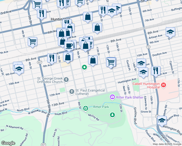 map of restaurants, bars, coffee shops, grocery stores, and more near 1023 10th Street in Huntington