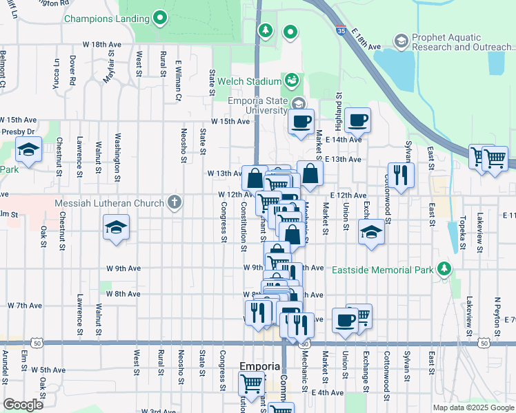 map of restaurants, bars, coffee shops, grocery stores, and more near 99 West 12th Avenue in Emporia