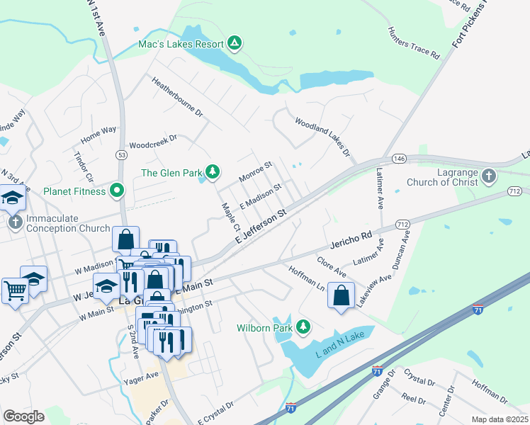 map of restaurants, bars, coffee shops, grocery stores, and more near 202 Chestnut Avenue in La Grange