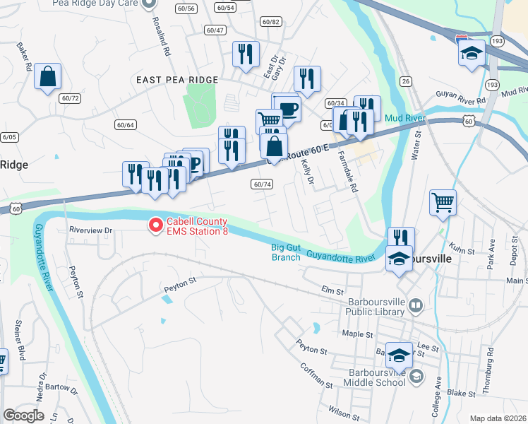 map of restaurants, bars, coffee shops, grocery stores, and more near 6135 Childers Road in Barboursville