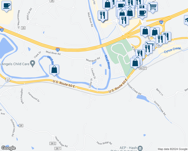 map of restaurants, bars, coffee shops, grocery stores, and more near 6814 Linville Drive in Barboursville
