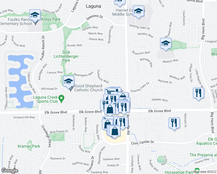 map of restaurants, bars, coffee shops, grocery stores, and more near 9512 Dunkerrin Way in Elk Grove