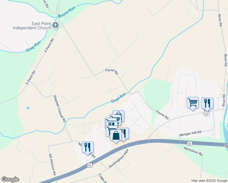 map of restaurants, bars, coffee shops, grocery stores, and more near 723 Florist Road in Elkton