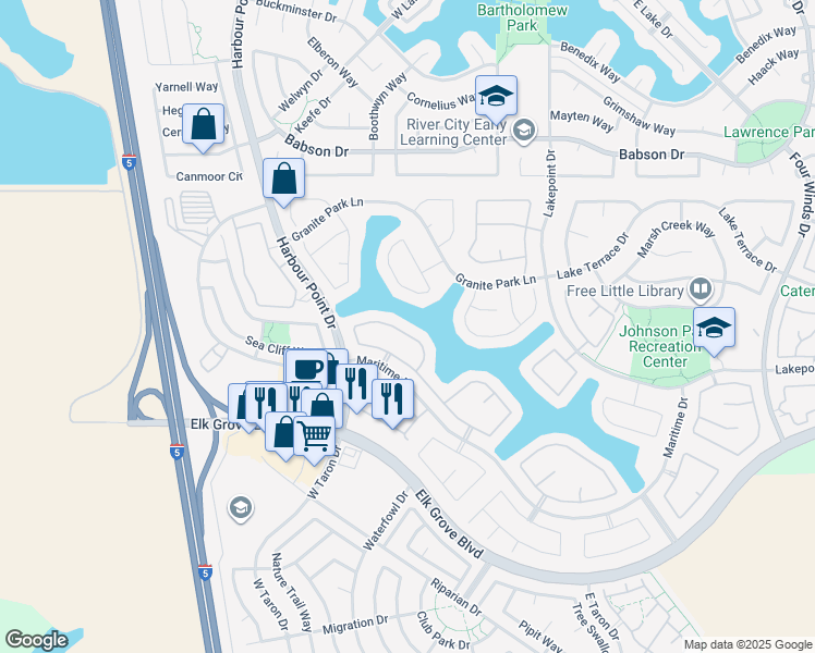 map of restaurants, bars, coffee shops, grocery stores, and more near 2633 Marina Point Lane in Elk Grove