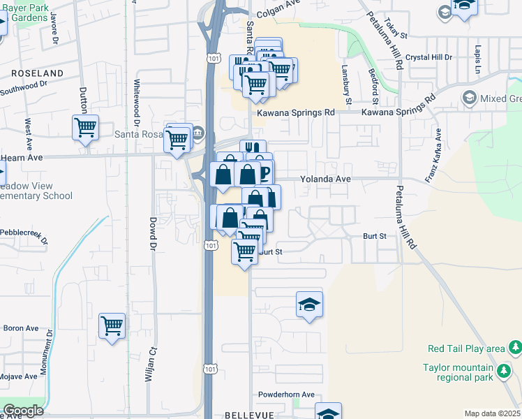 map of restaurants, bars, coffee shops, grocery stores, and more near 2700 Santa Rosa Avenue in Santa Rosa
