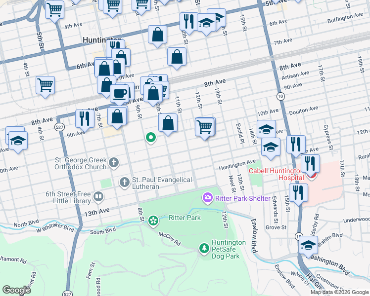 map of restaurants, bars, coffee shops, grocery stores, and more near 1047 11th Street in Huntington