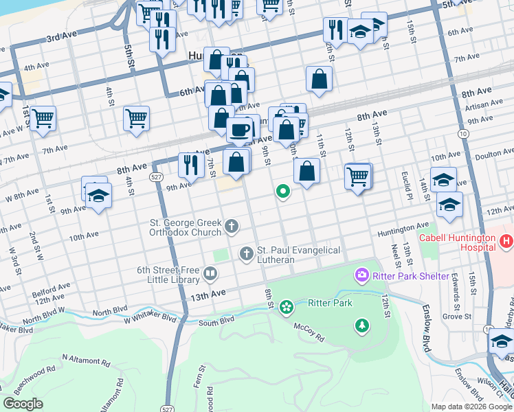map of restaurants, bars, coffee shops, grocery stores, and more near 1002 8th Street in Huntington
