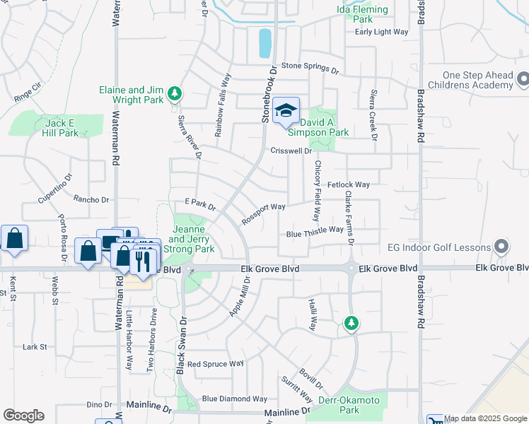 map of restaurants, bars, coffee shops, grocery stores, and more near 9486 Rossport Way in Elk Grove
