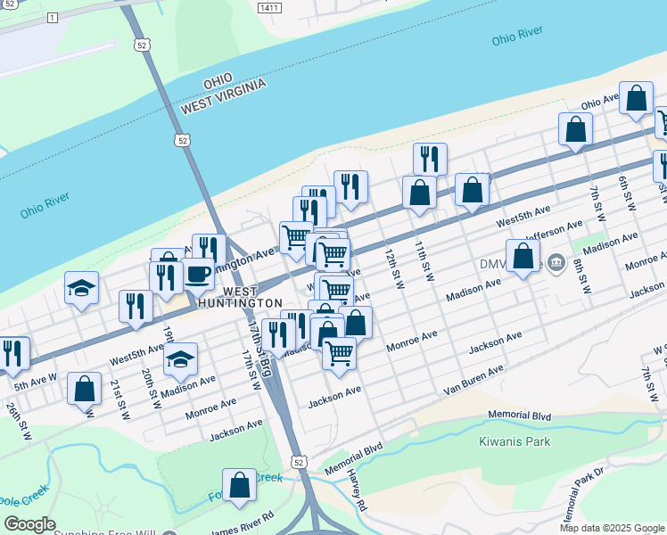 map of restaurants, bars, coffee shops, grocery stores, and more near 1359 Adams Avenue in Huntington