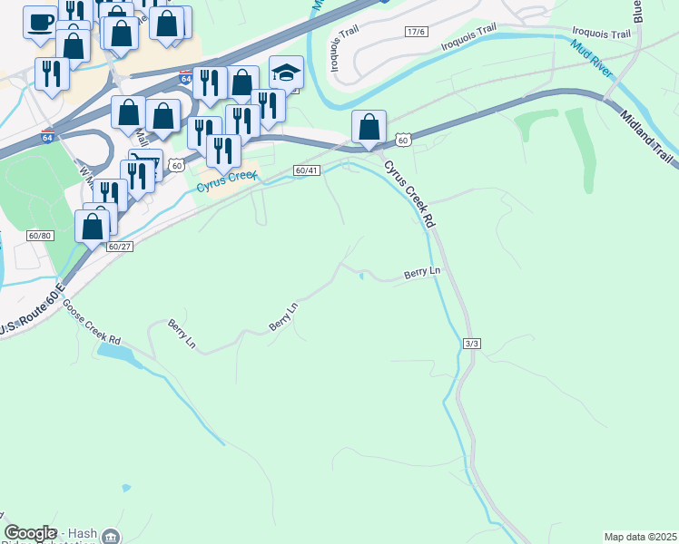 map of restaurants, bars, coffee shops, grocery stores, and more near 101 Berry Ln in Barboursville