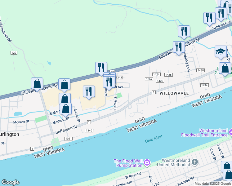 map of restaurants, bars, coffee shops, grocery stores, and more near Center Street in Burlington