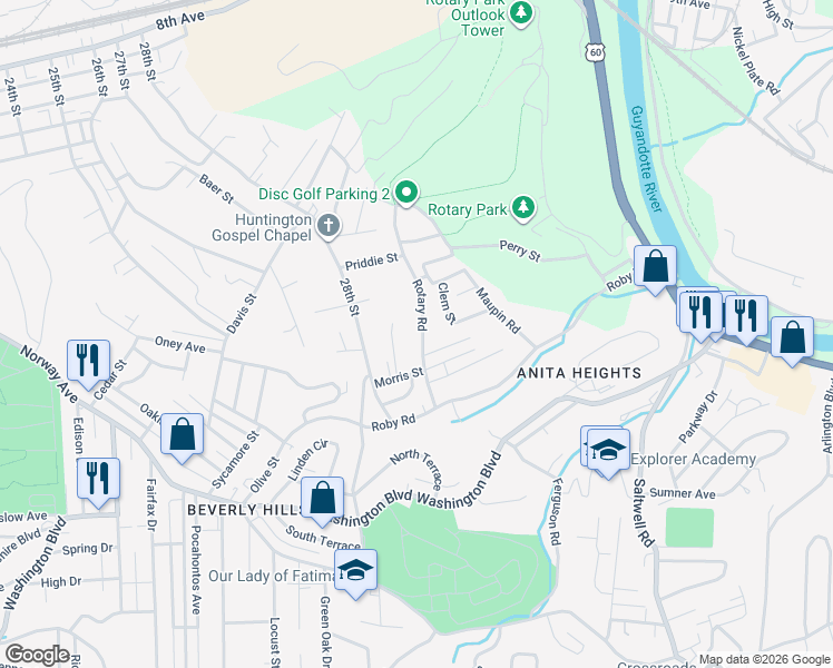 map of restaurants, bars, coffee shops, grocery stores, and more near 306 Rotary Road in Huntington