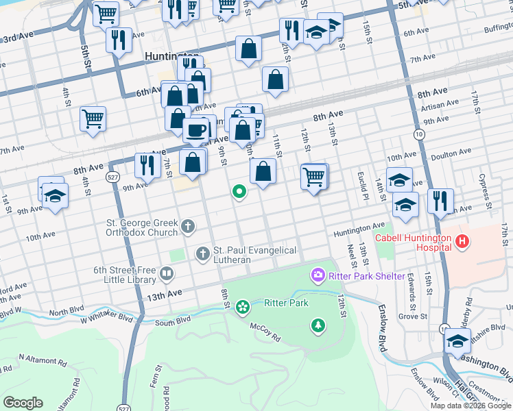 map of restaurants, bars, coffee shops, grocery stores, and more near 1023 10th Street in Huntington