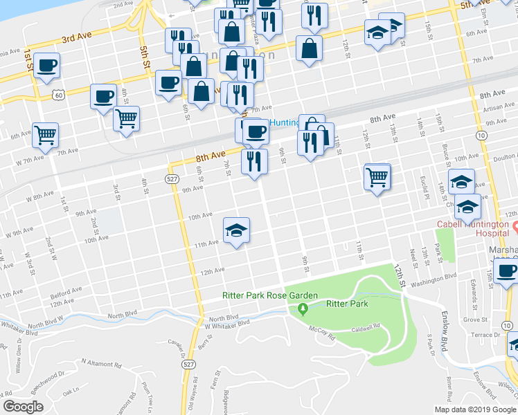map of restaurants, bars, coffee shops, grocery stores, and more near 1002 8th Street in Huntington