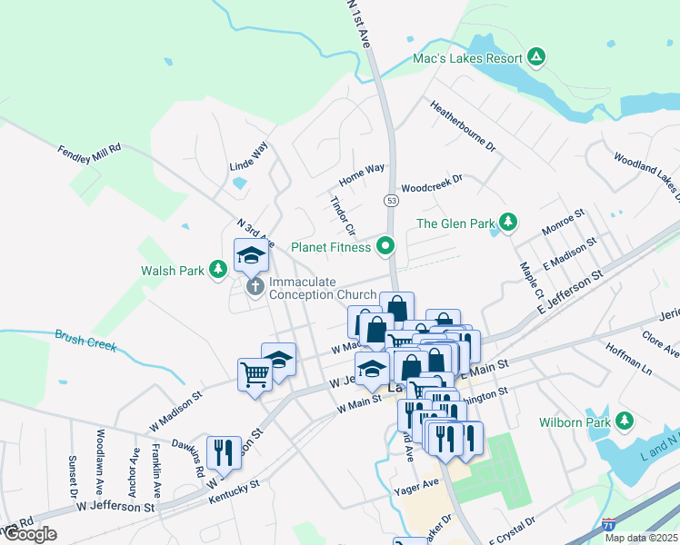 map of restaurants, bars, coffee shops, grocery stores, and more near 160 West Lee Street in La Grange