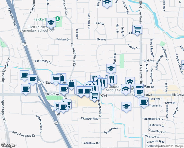 map of restaurants, bars, coffee shops, grocery stores, and more near 8701 Superb Cir in Elk Grove