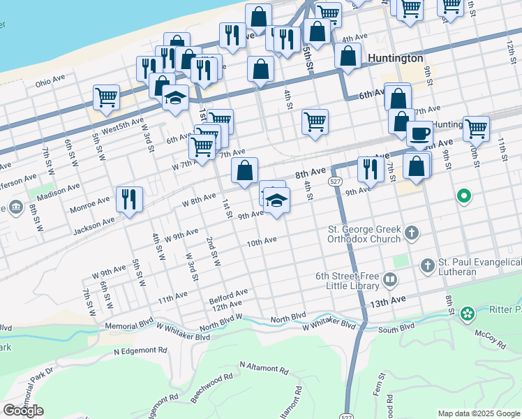 map of restaurants, bars, coffee shops, grocery stores, and more near 204 9th Ave in Huntington