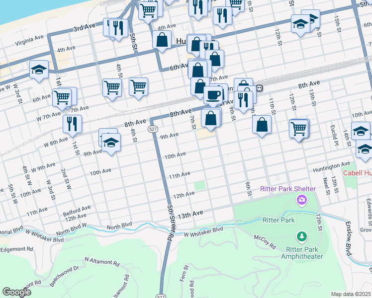 map of restaurants, bars, coffee shops, grocery stores, and more near 610 10th Avenue in Huntington