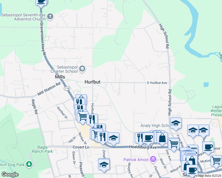 map of restaurants, bars, coffee shops, grocery stores, and more near 7495 East Hurlbut Avenue in Sebastopol