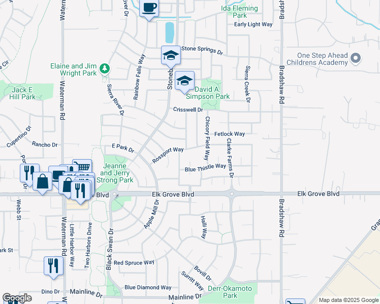 map of restaurants, bars, coffee shops, grocery stores, and more near 9520 Rossport Way in Elk Grove
