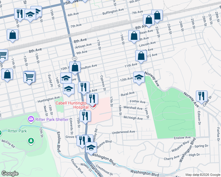 map of restaurants, bars, coffee shops, grocery stores, and more near 1701 Hall Avenue in Huntington